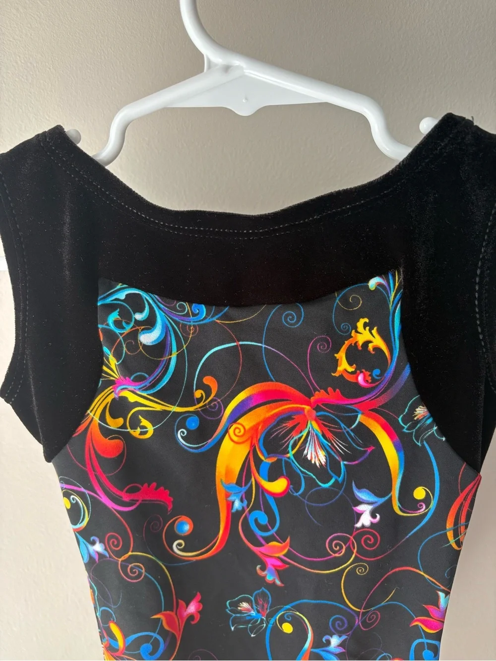 REBECCA’S MOM Black Leotard with Vibrant Print and Velvet Detail Size 6-7